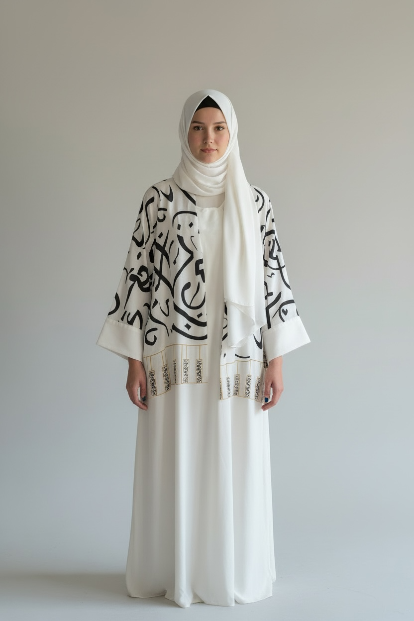 WHITE ARABIC PRINT ABAYA