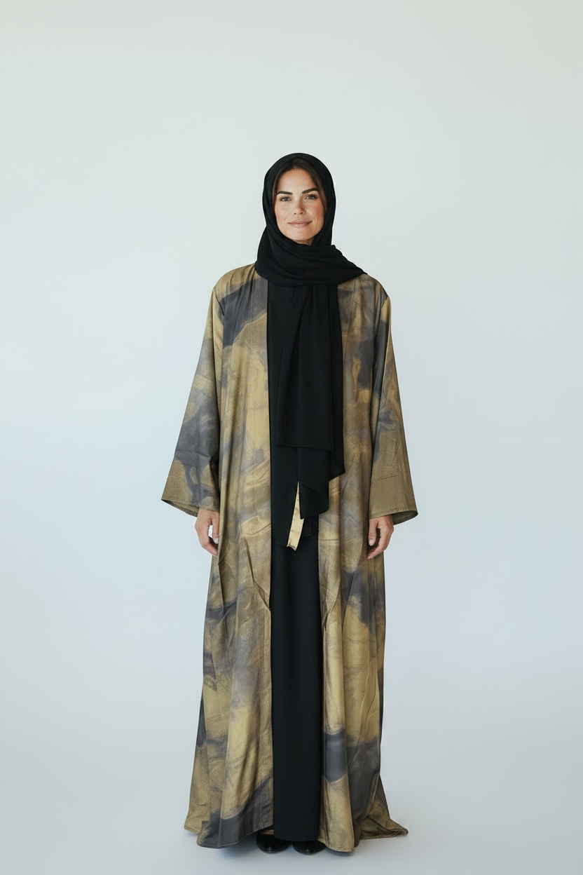 OLIVE MARBLE PRINT OPEN ABAYA INNER INCLUDED
