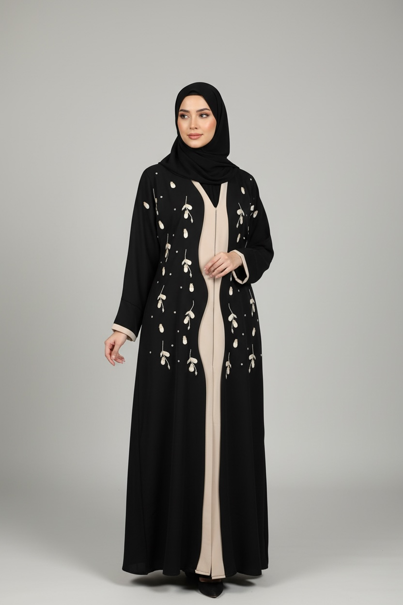 B;ACK EMBROIDERED ABAYA WITH BEIGE INSIDE