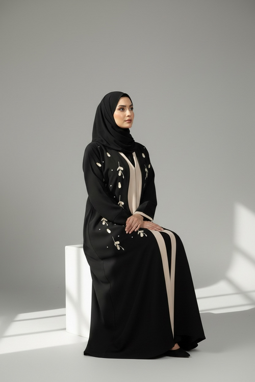 B;ACK EMBROIDERED ABAYA WITH BEIGE INSIDE