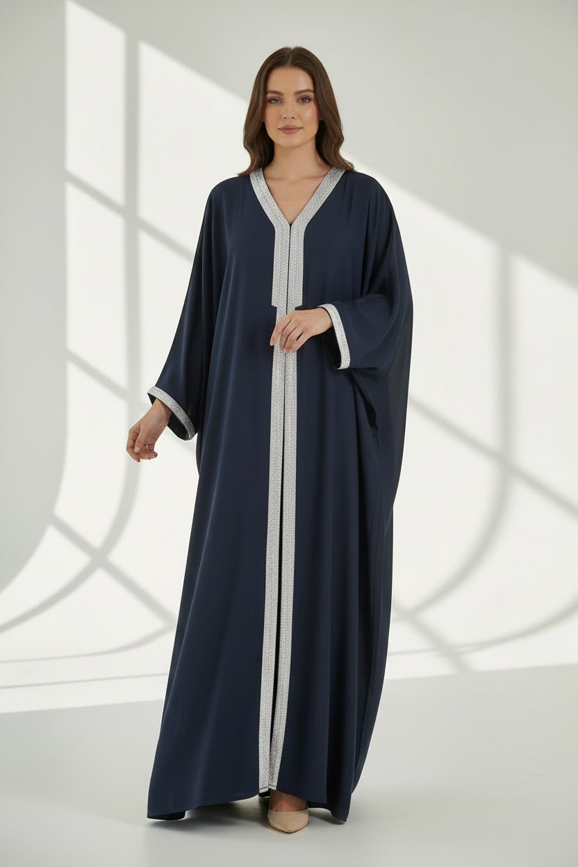 NAVY BLUE CLASSIC ABAYA WITH SILVER TRIM WITH HIJAB