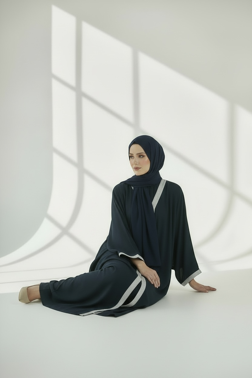 NAVY BLUE CLASSIC ABAYA WITH SILVER TRIM WITH HIJAB