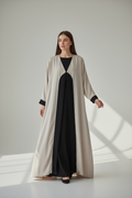 ELEGANT GREY ABAYA WITH BLACK INSIDE AND BEADED TRIM.