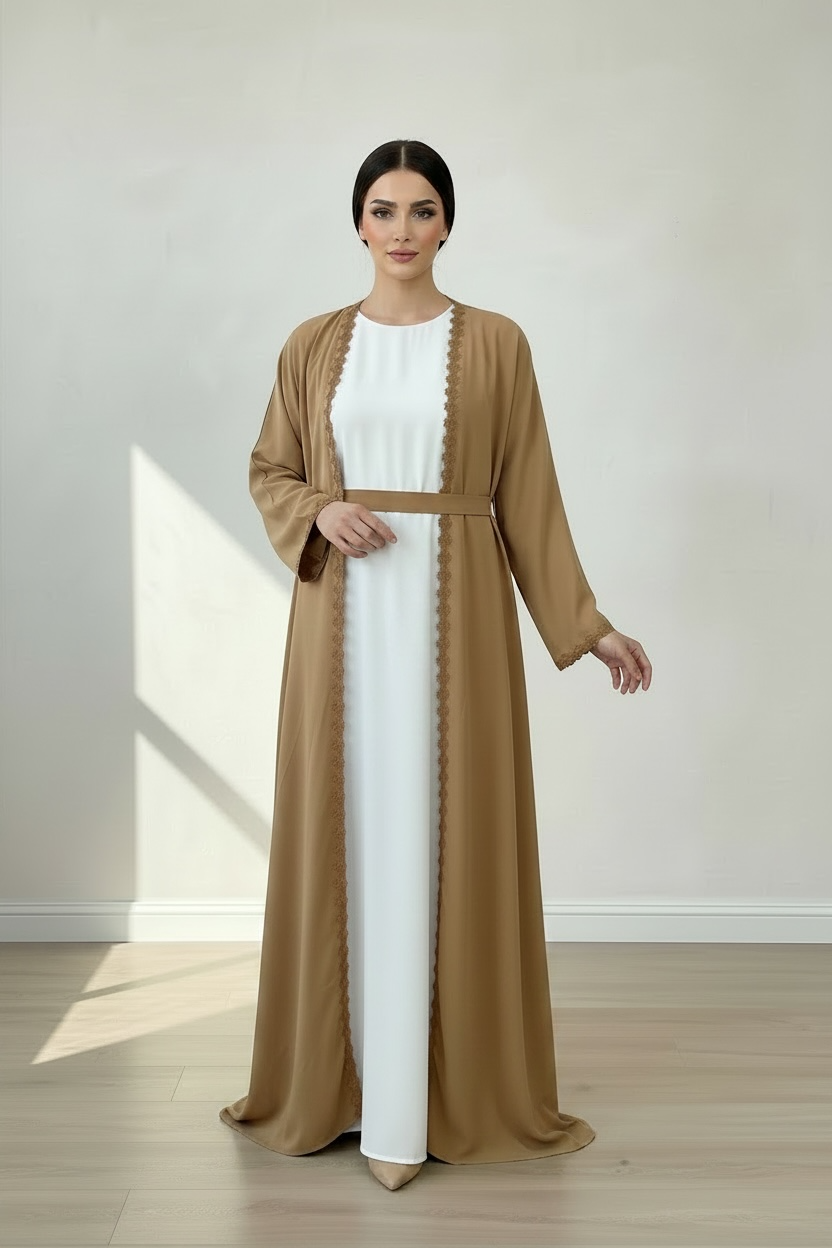 CAMEL OPEN ABAYA WITH WHITE INNER INCLUDED