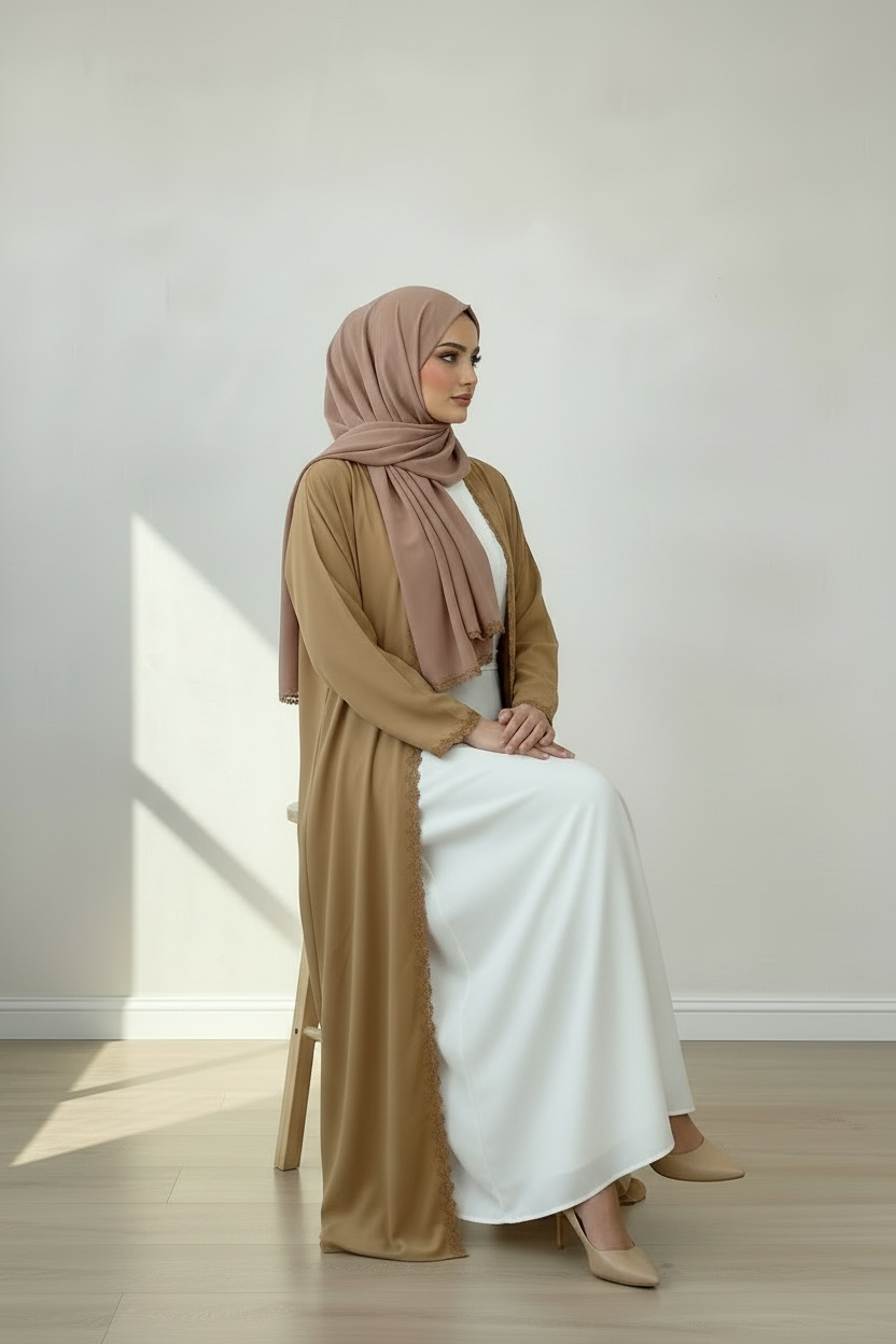 CAMEL OPEN ABAYA WITH WHITE INNER INCLUDED