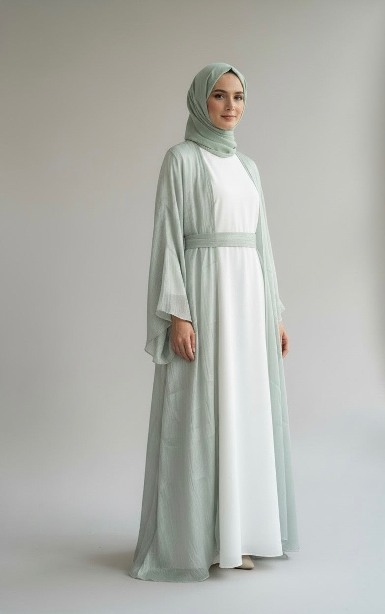 MINT GREEN OPEN ABAYA WITH WHITE INNER INCLUDED