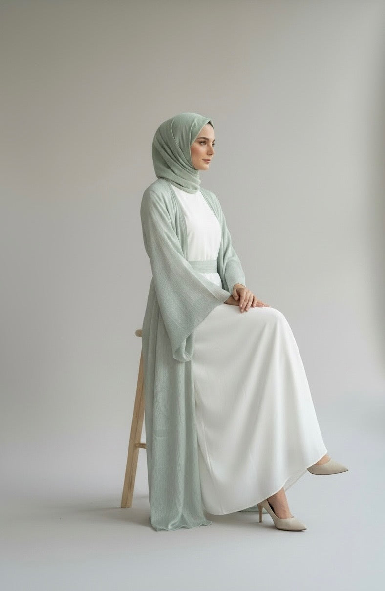MINT GREEN OPEN ABAYA WITH WHITE INNER INCLUDED