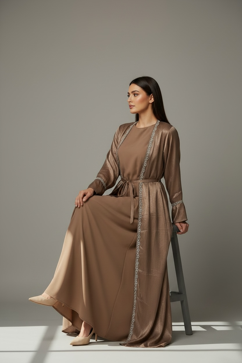 OPEN ABAYA LAYERED - BROWN